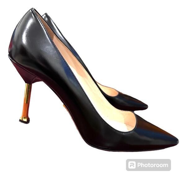 Prada Spazzolato Basi Nero black women's pumps gold heels size 36 authentic - Picture 3 of 12